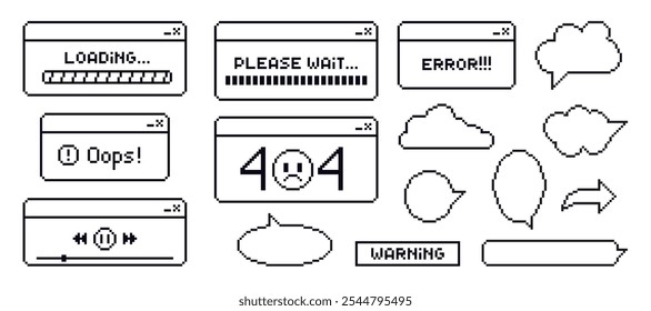 Janela do computador do navegador retro no estilo 90s. Caixas de mensagens e elementos pop-up da interface do usuário. Ilustração em preto e branco vetorial.