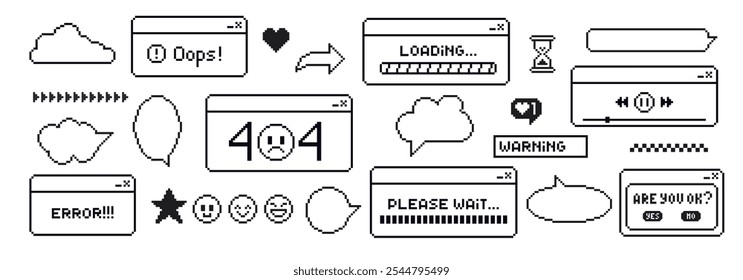 Janela do computador do navegador retro no estilo 90s. Caixas de mensagens e elementos pop-up da interface do usuário. Ilustração em preto e branco vetorial.