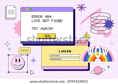 Retro browser computer window in 90s vaporwave style with smile face hipster stickers. Retrowave pc desktop with message boxes and popup user interface elements, Vector illustration of UI and UX.