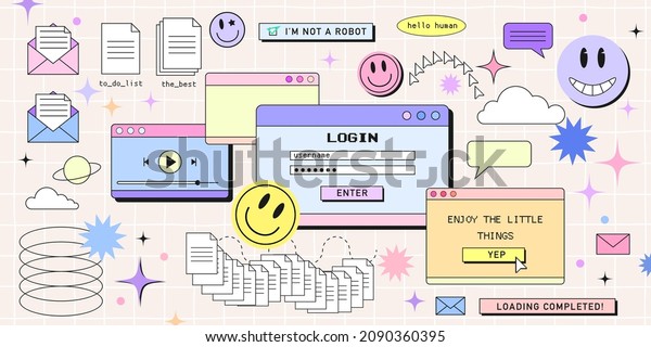 Retro browser computer window in 90s vaporwave style
with smile face hipster stickers. Retrowave pc desktop with message
boxes and popup user interface elements, Vector illustration of UI
and UX.