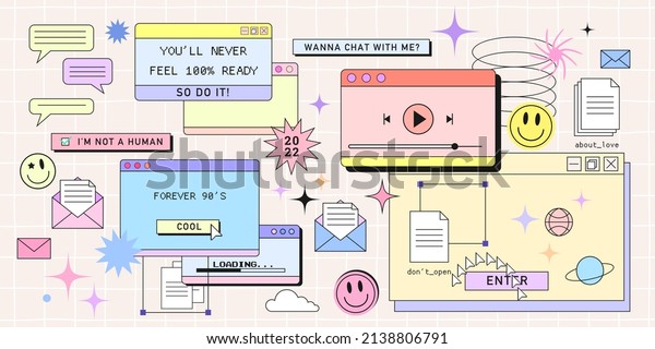 Retro browser computer window in 90s vaporwave style\
with smile face hipster stickers. Retrowave pc desktop with message\
boxes and popup user interface elements, Vector illustration of UI\
and UX.