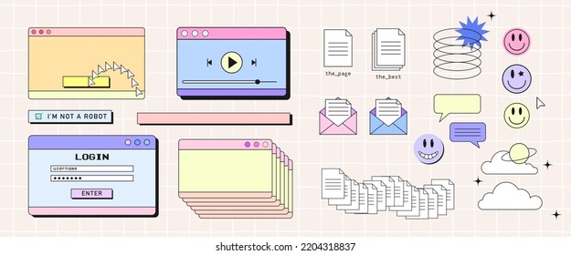 Retro browser computer window set in 90s vaporwave style with smile face hipster stickers. Collection of pc desktop popup message boxes and user interface elements, Vector illustration of UI and UX