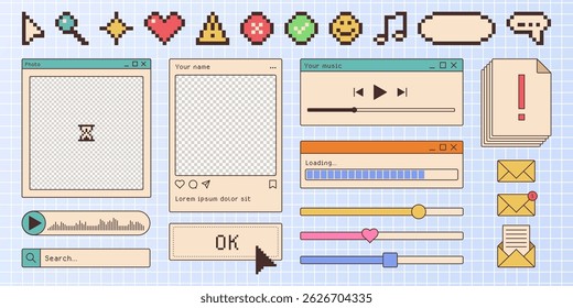 Retro browser window interface elements - profile photo frame, loading progress bar, music player controls. 8-bit pixel art icons, search bar cursor and dialog box buttons. Nostalgic 90s web design