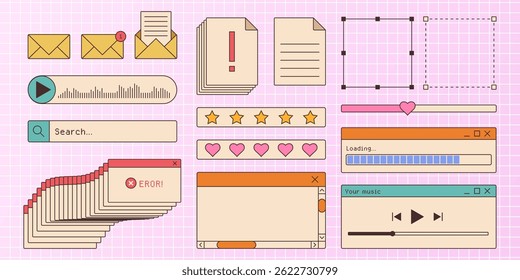Retro browser window interface kit. Ui components of music player, loading bar, dialog boxes, star and heart ratings, error messages and search bar. Nostalgic 90s vibe web design elements.