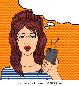Retro brunette woman with mobile phone pop art comic style vector illustration, old-fashioned woman with speech bubble