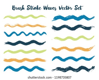 Retro brush stroke waves vector set. Hand drawn blue green brushstrokes, ink splashes, watercolor splats, hand painted curls. Interior paint color palette samples. Textured waves, stripes design.