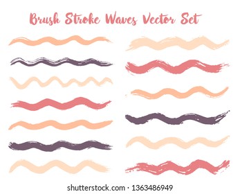 Retro brush stroke waves vector set. Hand drawn pink brushstrokes, ink splashes, watercolor splats, hand painted curls. Color combinations catalog elements. Wavy stripes vector set.