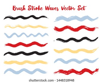 Retro brush stroke waves vector set. Hand drawn red blue black brushstrokes, ink splashes, watercolor splats, painted curls. Vector ink traces, color combinations. Summer design paint brush curves.