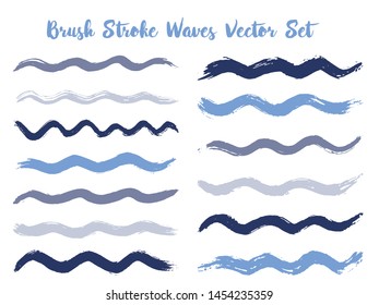 Retro brush stroke waves vector set. Hand drawn blue brushstrokes, ink splashes, watercolor splats, hand painted curls. Interior colors guide book samples. Wavy stripes vector set.