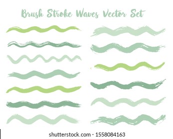Retro brush stroke waves vector set. Hand drawn green brushstrokes, ink splashes, watercolor splats, hand painted curls. Interior colors scheme elements. Textured waves, stripes design.