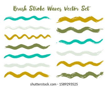 Retro brush stroke waves vector set. Hand drawn teal green brushstrokes, ink splashes, watercolor splats, hand painted curls. Vector ink color palette swatches. Summer design paint brush curves.