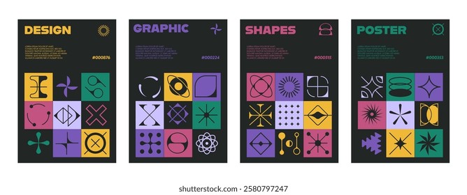 Retro brutal posters with geometric shapes. Abstract y2k brutalism layouts with graphic shapes and patterns in brutalist style. Vector templates with minimalistic design, retro futuristic surreal art