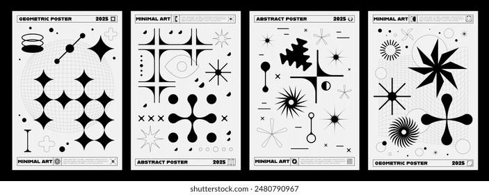 Retro brutal y2k posters of abstract geometric element, grid shapes and vector line graphic figures. Futuristic pattern of minimal art star, sparkle, planet and eye shapes, wireframe forms banners set