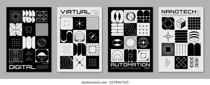 Retro brutal y2k posters of abstract geometric shapes and figures grid pattern. Vector aesthetic graphic posters set with trendy brutal black white stars, wireframe globe, y2k sun and cross line forms