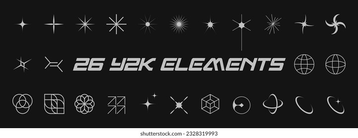 Retro brutalism elements for design. Big collection of abstract graphic geometric symbols and objects in y2k style. Templates for notes, posters, banners, stickers, business cards, logo, t shirt.