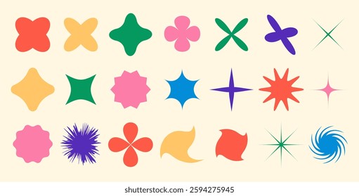 Retro brutalism shapes and symbols in various abstract geometric with stars, floral, swirls, and decorative elements Set. Suitable for graphic design, branding, logos, and digital.Vector illustration