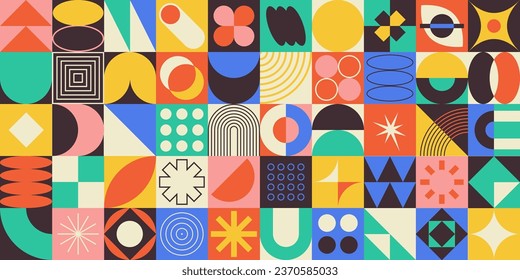 Retro brutalist background with bold geometric shapes and abstract graphic elements. Modern bauhaus style banner with basic figures, lines and circles, contemporary style vector illustration