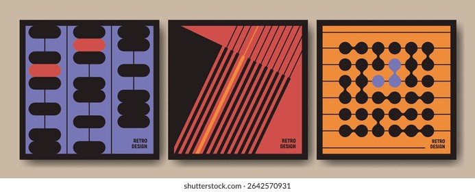 Retro brutalist design poster collection with bold geometric patterns, abstract shapes and diagonal lines. Minimalist graphic compositions for contemporary wall art, modernist prints, branding element