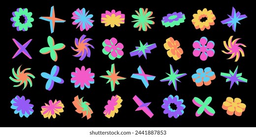 Retro brutalist Y2K vibrant 3D shapes, flowers, stars in bright colors for modern posters. Perspective isolated vector isometric elements with neo brutalism