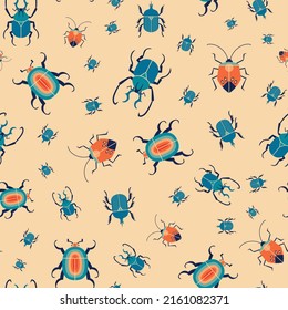 Retro bug seamless pattern. Vector geometric print with different bugs.