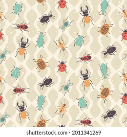 Retro bugs and beetles seamless pattern - vintage repeat print design with insects