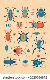 Retro bugs and florals illustration. Vector poster design with beetles in colorful vintage style 1960s.