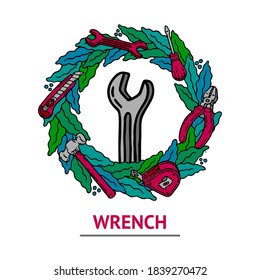 Retro builder vector illustration with wrench with outline and geometric diverging beams in pink, green, red and blue colors. line style