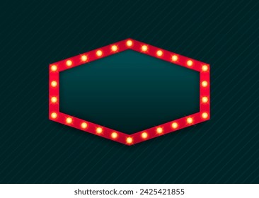 Retro bulb frame. Lightbox billboard with empty place for text isolated on dark background. Banner space for advertisement, promotion and text. Vector illustration.
