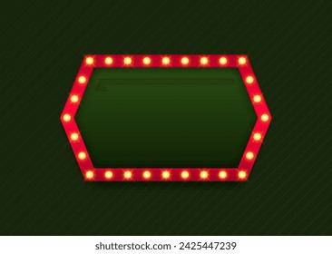 Bastidor de la bombilla retro. Cartel de la caja de luz con el lugar vacío para el texto aislado sobre fondo oscuro. Espacio de banner para publicidad, promoción y texto. Ilustración vectorial.