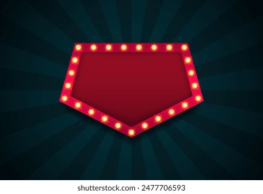 Retro bulb frame. Lightbox billboard with empty place for text isolated on retro rays background. Banner space for advertisement, promotion and text. Vector illustration.