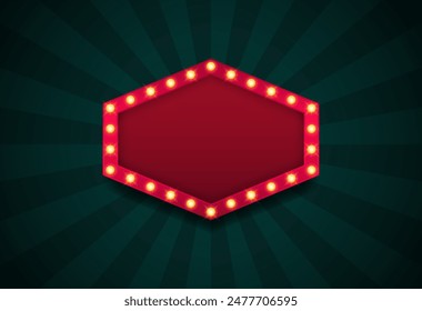 Retro bulb frame. Lightbox billboard with empty place for text isolated on retro rays background. Banner space for advertisement, promotion and text. Vector illustration.