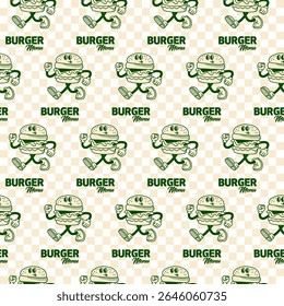 Motif Retro Burger Vert Harmonieux. Illustration vectorielle de la vieille mode Vintage Cartoon Happy Concept. Street Food. Arrière-Plan Texture.