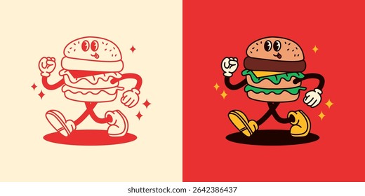 Retro Burger Guy Cartoon. Vector Illustration of Old Fashion Vintage Happy Concept. Street Food Boy Walk.