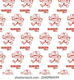 Retro Burger Guy Seamless Pattern. Vector Illustration of Old Fashion Vintage Cartoon Happy Concept. Street Food. Fun Texture Background.