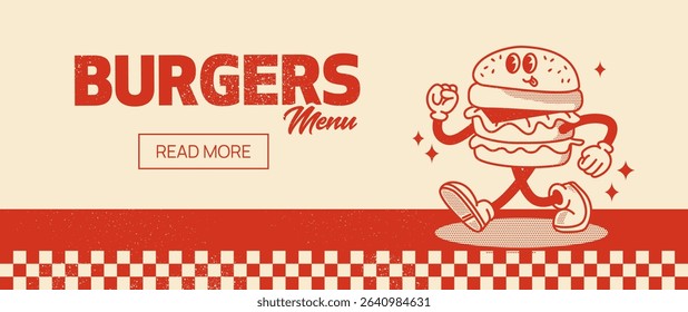 Retro Burger Guy Web Banner. Vector Illustration of Old Fashion Vintage Cartoon Happy Concept. Street Food.