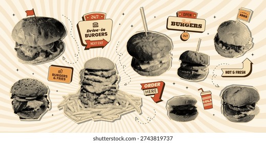 Retro burger halftone collage and sticker roadsign set with fast food, signs, arrows and badges. Street food elements for menus, branding, posters.Vector illustration in vintage mid century 50s style