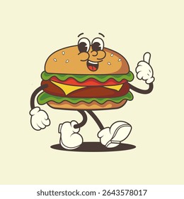 Retro burger mascotte met vrolijk gezicht. Vintage vector karakter voor fastfood, diner branding en nostalgisch design