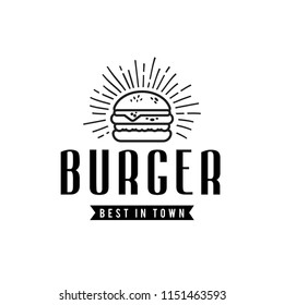 Retro burger outline illustration. Fast food logo design.