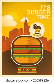 Diseño de afiches de hamburguesa retro. Ilustración vectorial.