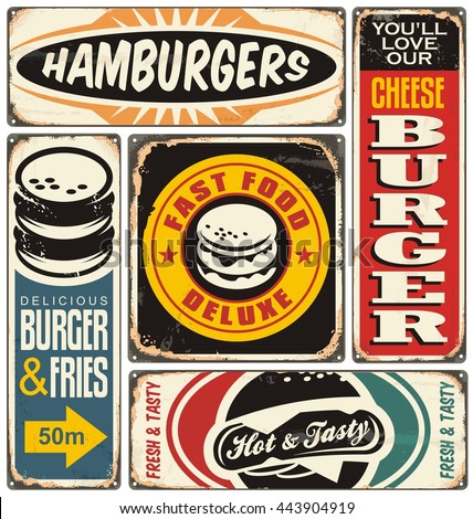 Retro burger signs collection on old damaged background. Fast food vintage vector illustration.