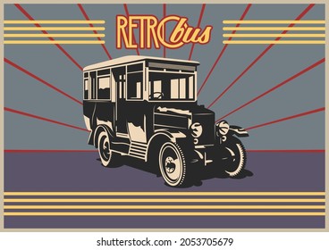 Retro Bus, 1910s, 1920s Passenger Bus Advertising Posters Style Illustration, Omnibus and Retro Colors