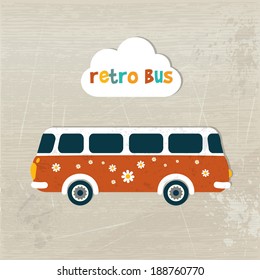 Retro bus concept paper vintage card. Flat design.