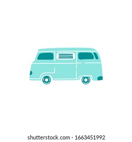 Retro bus isolated on white background. Decorative design element, label, icon. Flat hand drawn vector illustration in cartoon style. Traveling, summer activity concept.