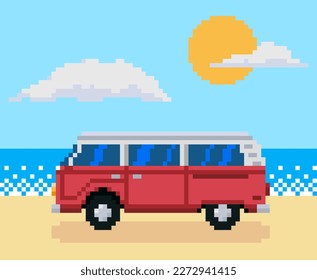 Retro bus on summer sea background. Pixel art 8 bit. Vector illustration.