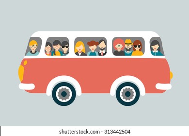 Retro bus with passengers. Flat vector concept.