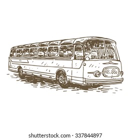 Retro bus. Picture of vintage transport. Old times. Vector hand drawn sketch.