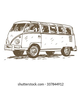 Retro bus. Picture of vintage transport. Old times. Vector hand drawn sketch.