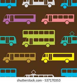 Retro bus seamless pattern. Vector illustration for transport design. Bright vehicle pattern. Bus wallpaper background. Cartoon silhouette shape. Transportation school bus shape wallpaper pattern