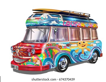 Autobús retro con tablas de surf