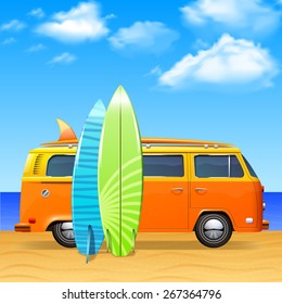 Retro bus with surf boards on summer sea background vector illustration